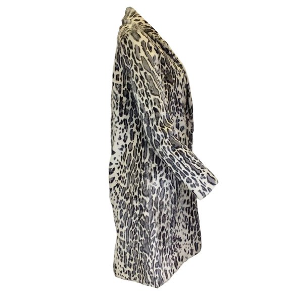 YVES SALOMON GREY / BLACK LEOPARD PRINTED SILK LINED GOAT FUR COAT - Picture 2 of 5